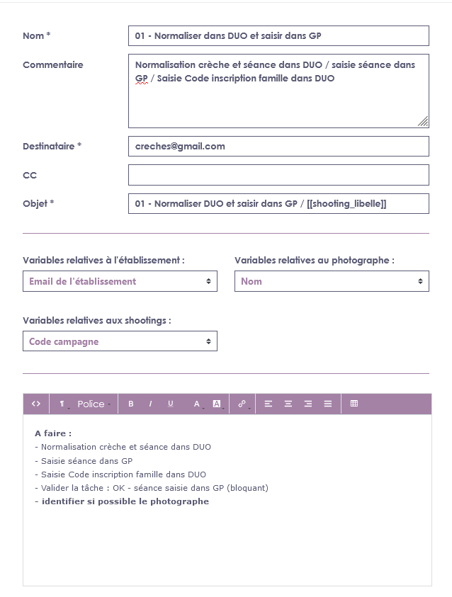 Configuration d'un template d'email dans l'application
